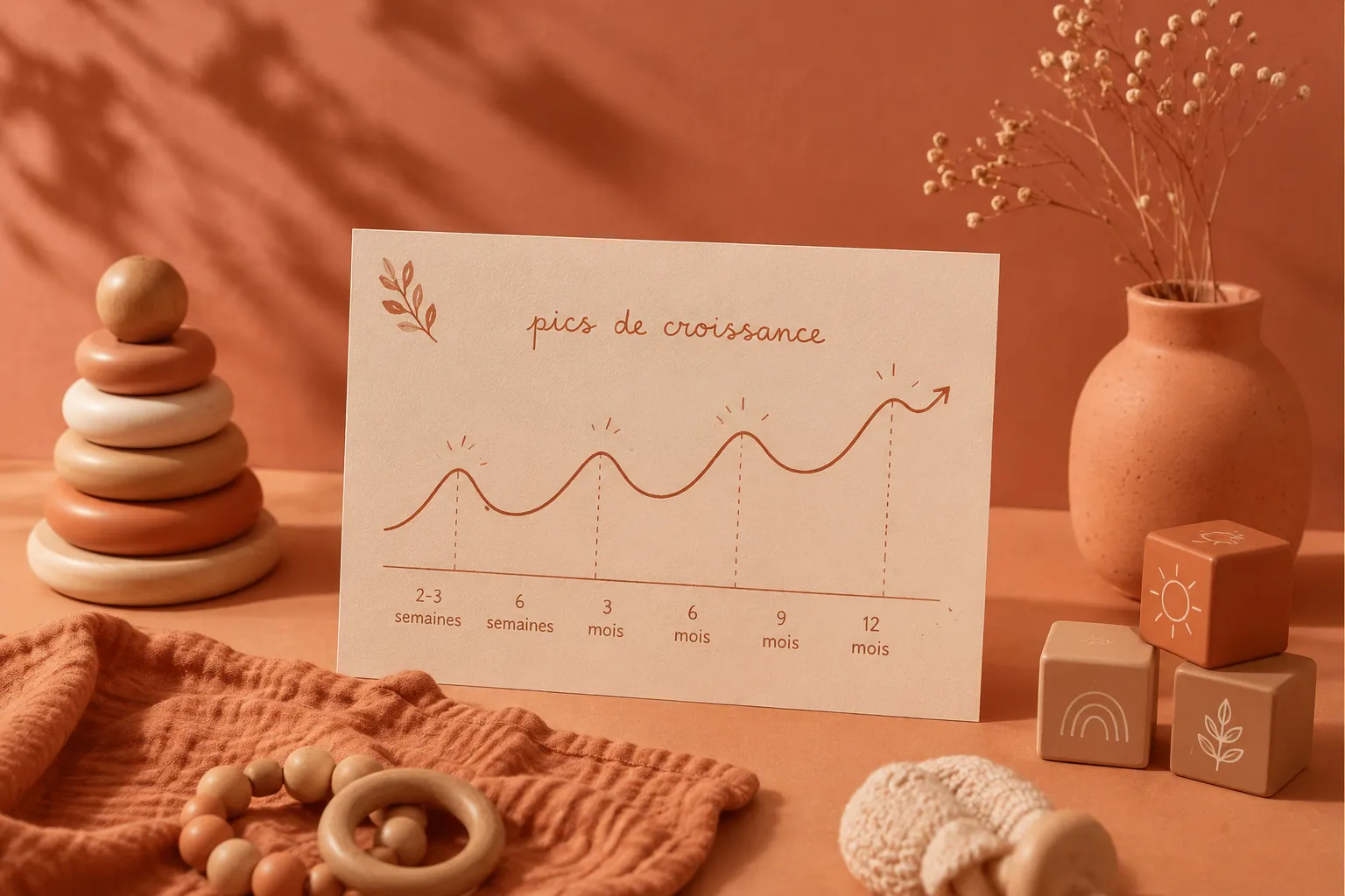 Carte illustrée d'une courbe de pics de croissance par âge, entourée de jouets en bois, d'un lange et de fleurs séchées dans des tons terracotta