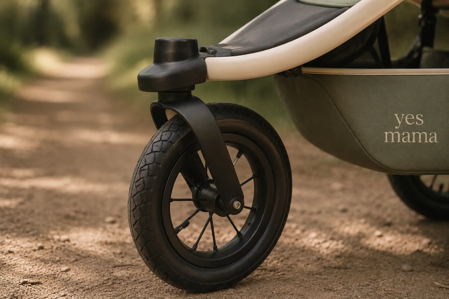 Gros plan sur la grande roue avant gonflable et le bras de suspension d'une poussette de running, sur un chemin