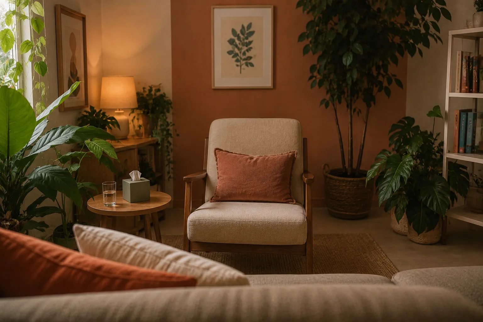 Cabinet de psychologue chaleureux : fauteuil crème, coussin terracotta, plantes vertes et lampe douce, ambiance apaisée, sans personne