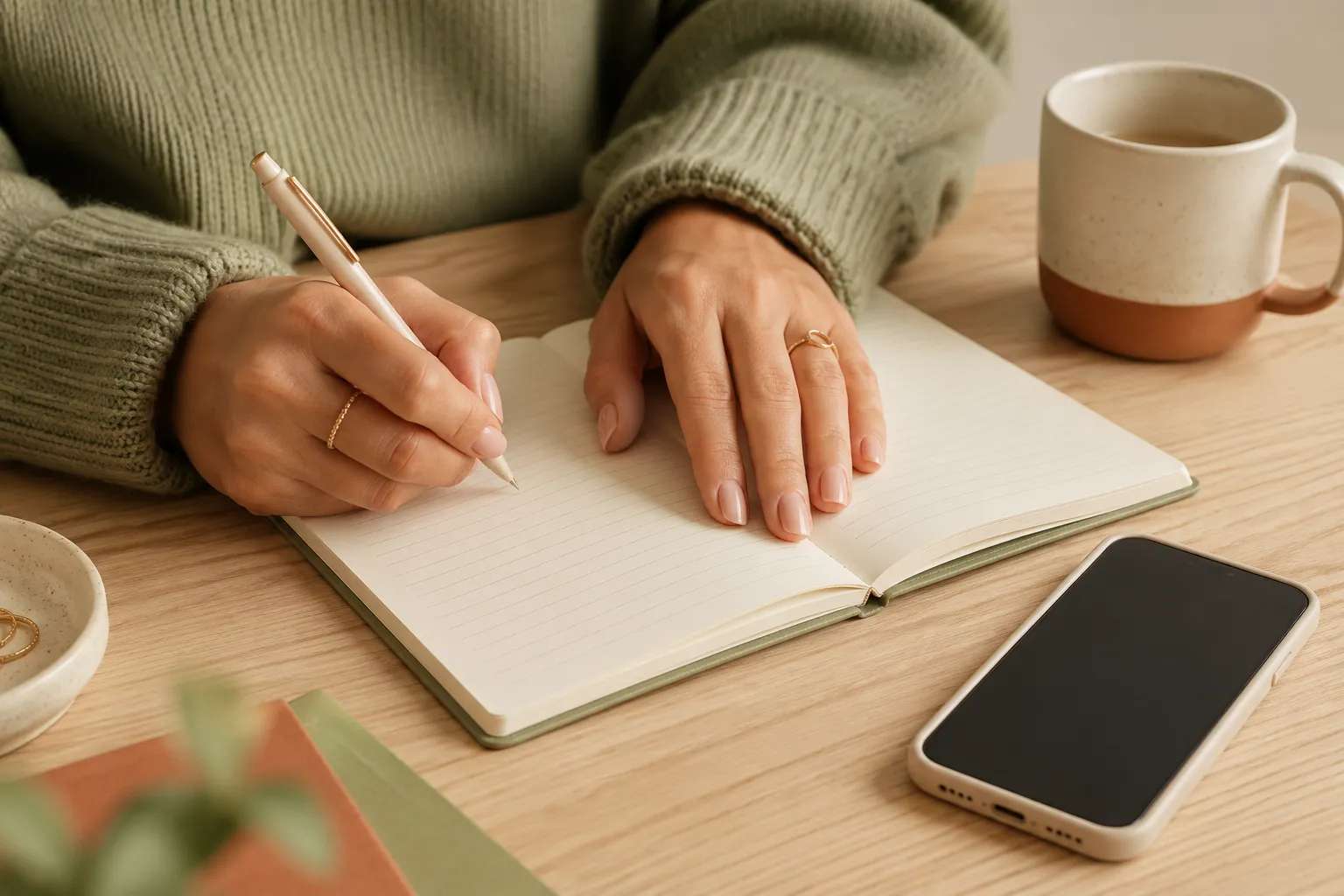 Mains d'une femme écrivant dans un carnet ouvert, à côté d'un téléphone et d'une tasse, sur un bureau en bois clair, lumière douce