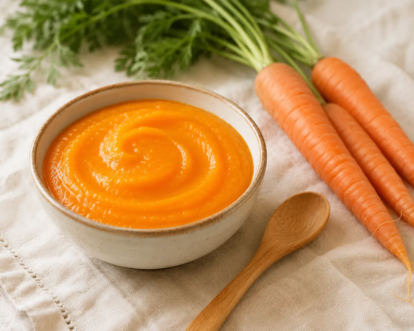 Bol de purée de carotte orange vif et onctueuse, à côté de carottes fraîches avec leurs fanes et d'une cuillère en bois, sur une nappe claire
