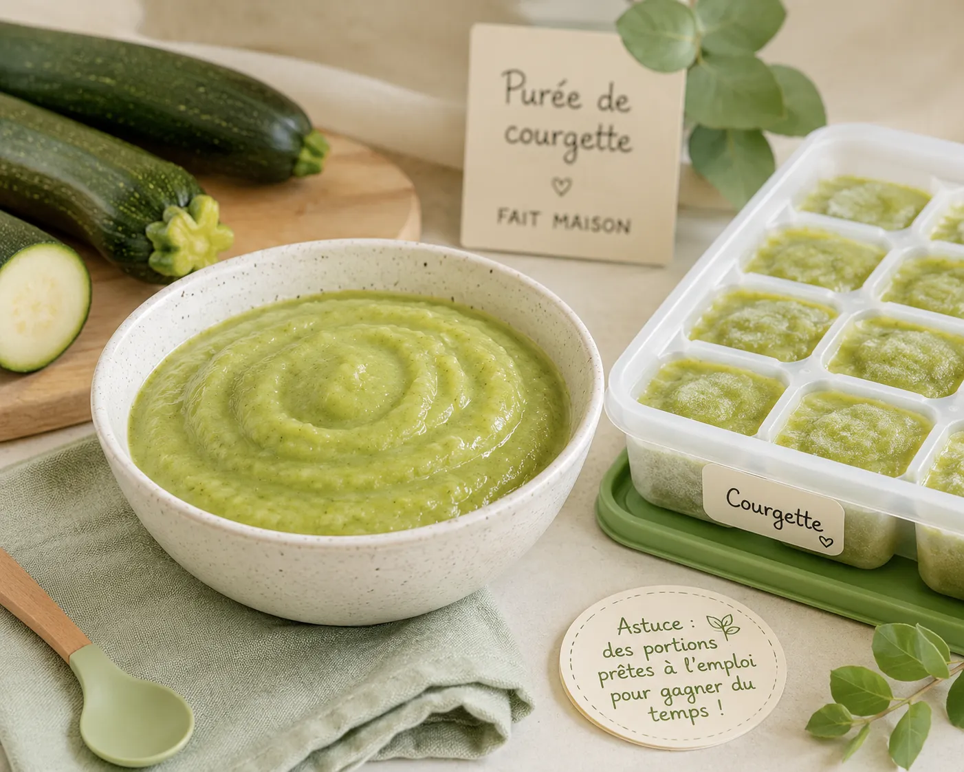 Bol de purée de courgette maison vert tendre, à côté de courgettes fraîches et d'un bac à glaçons rempli de portions congelées étiquetées « courgette »
