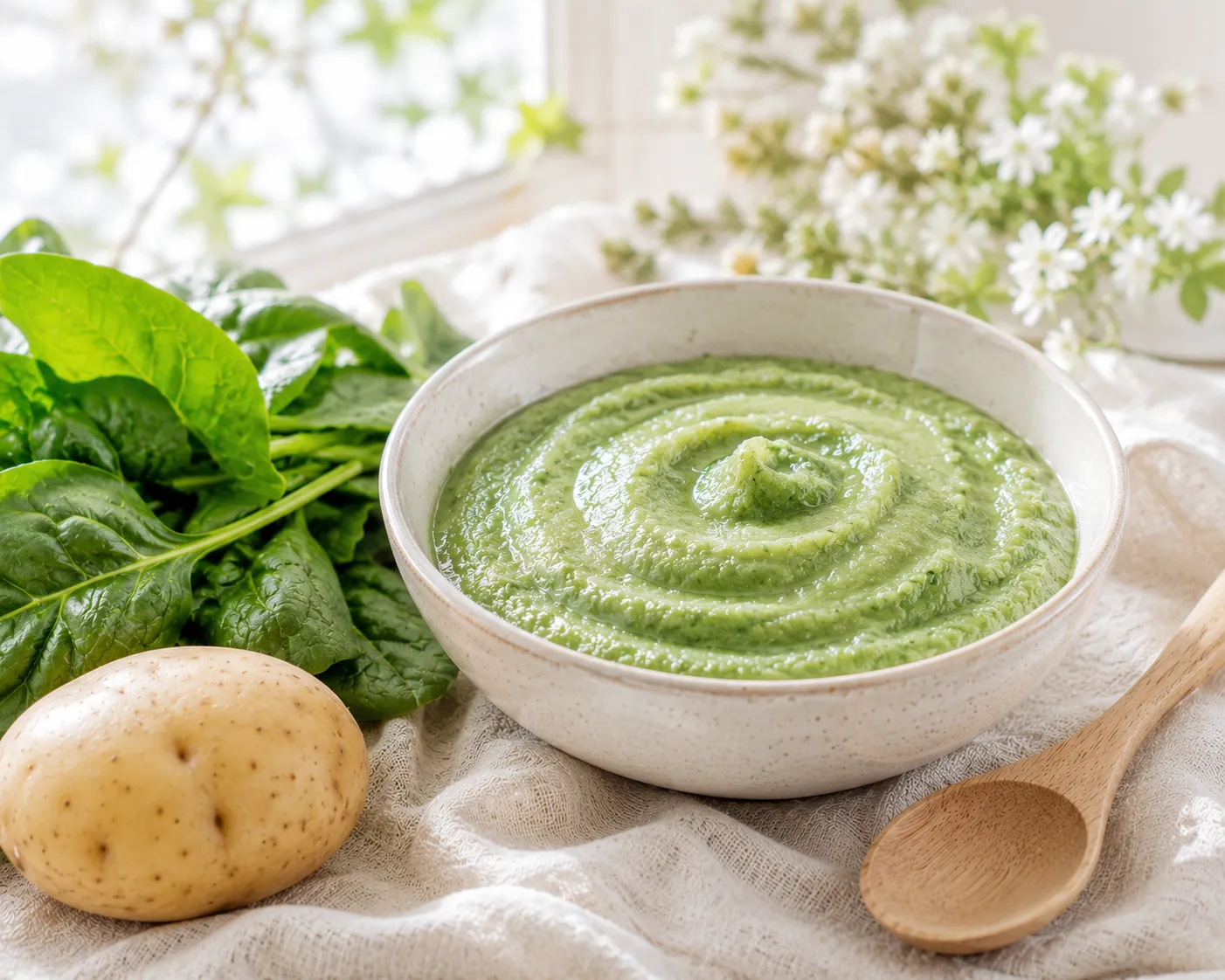 Bol de purée épinard-pomme de terre vert tendre et onctueuse, à côté de feuilles d'épinard fraîches et d'une pomme de terre, avec une cuillère en bois