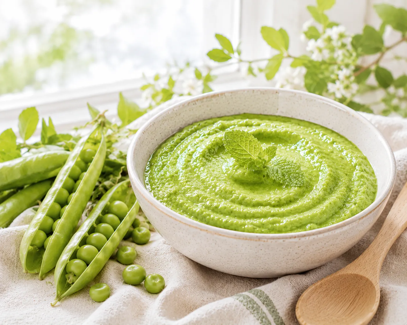 Bol de purée de petits pois vert vif et onctueuse, parsemée d'une feuille de menthe, à côté de cosses de petits pois ouvertes, avec une cuillère en bois