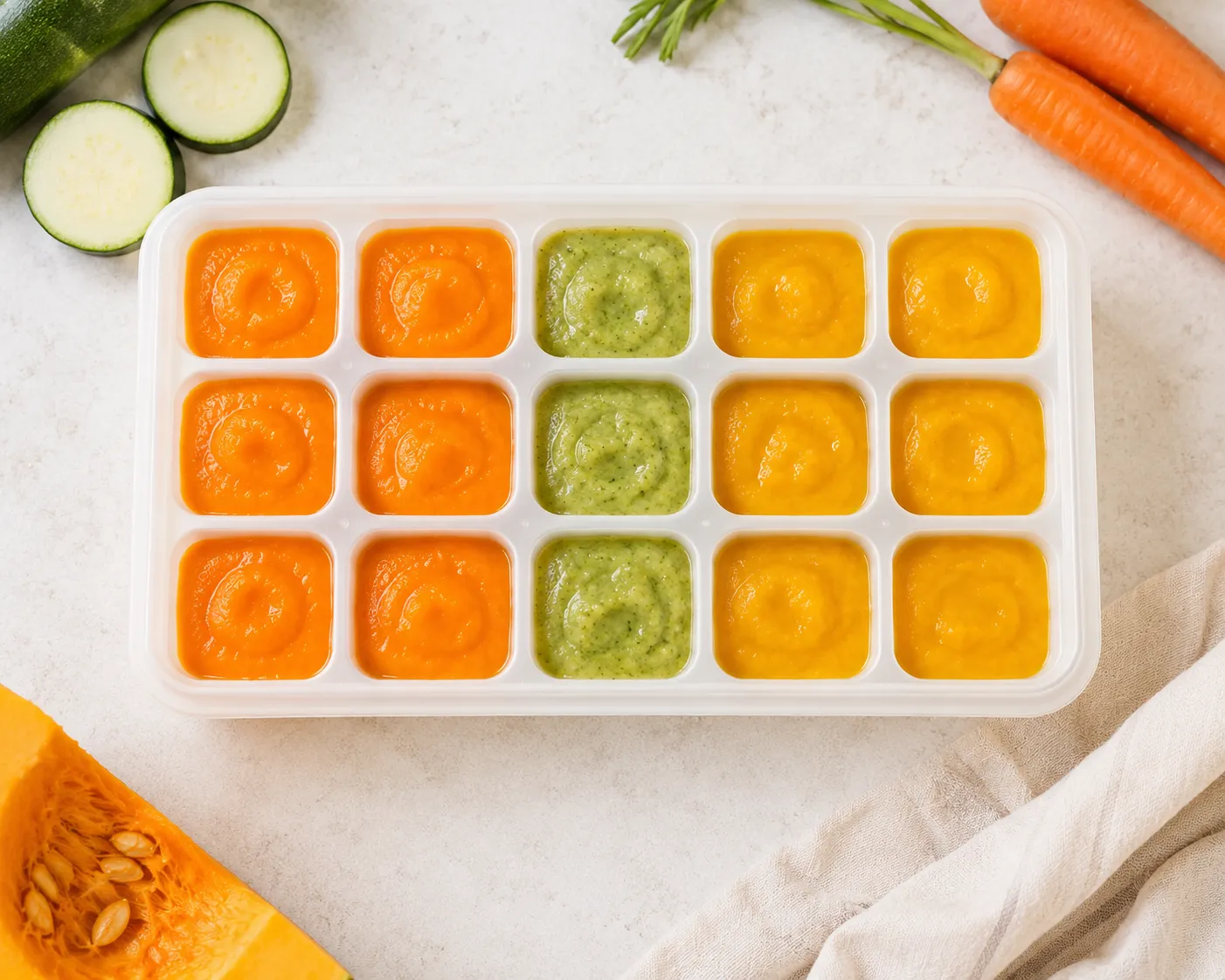 Bac à glaçons rempli de purées maison de couleurs différentes, orange carotte, vert courgette et jaune potiron, vu du dessus, entouré de légumes frais