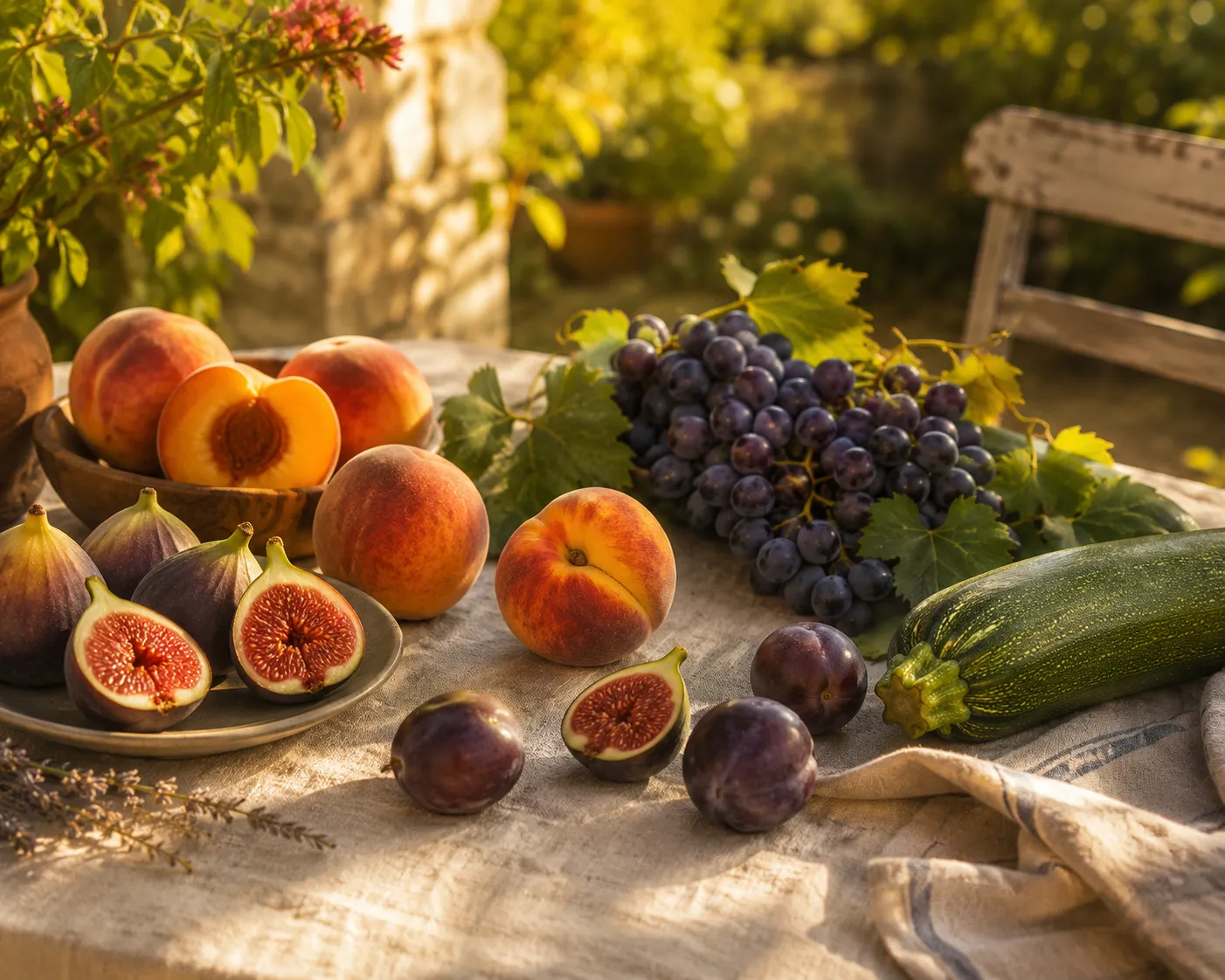 Table de jardin en fin d'été garnie de fruits et légumes de saison d'août : figues coupées, grappe de raisin noir, pêches, prunes et une courgette, dans une lumière dorée