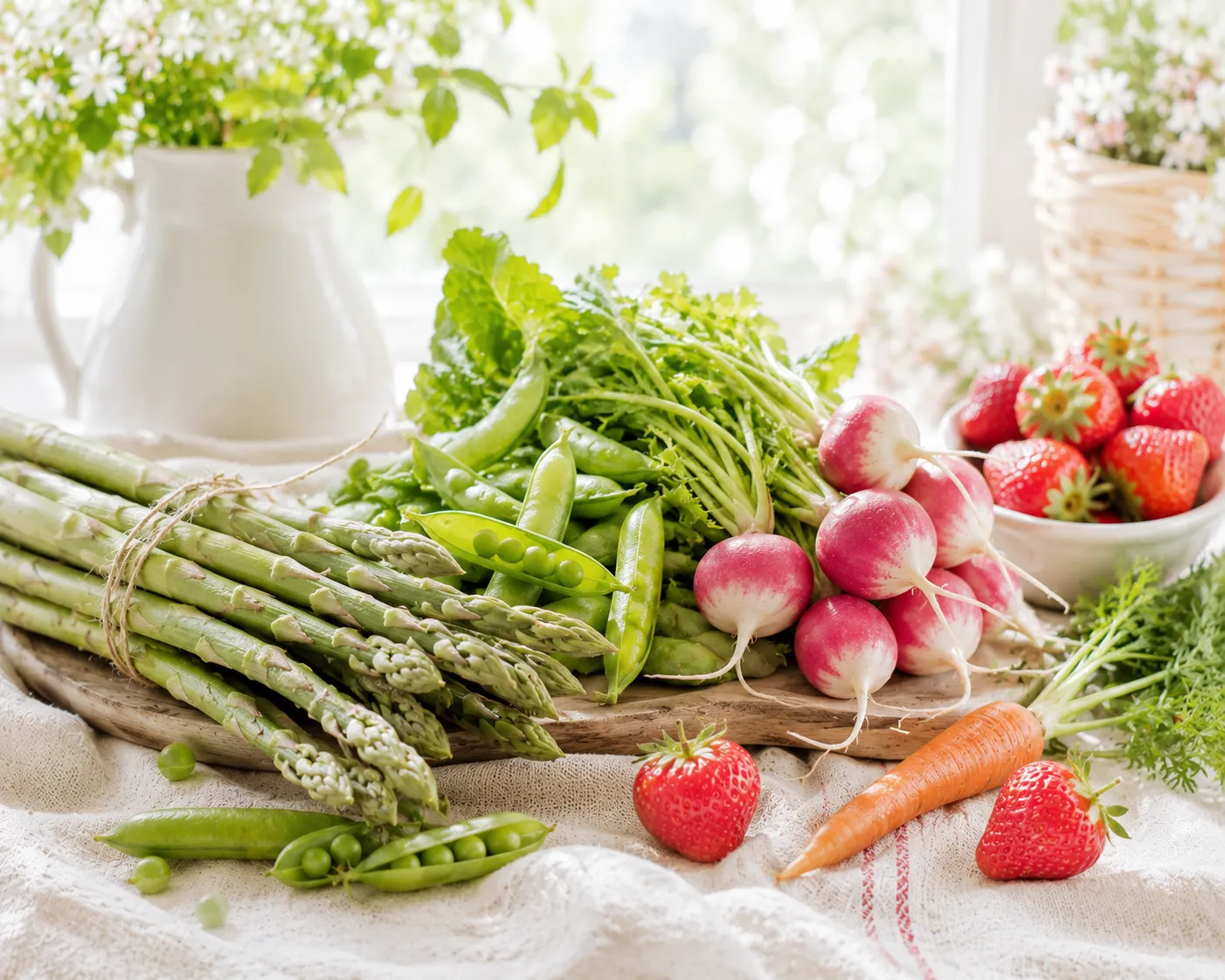 Table de printemps garnie d'asperges vertes, de petits pois en cosse, de radis, de premières fraises et d'une carotte nouvelle