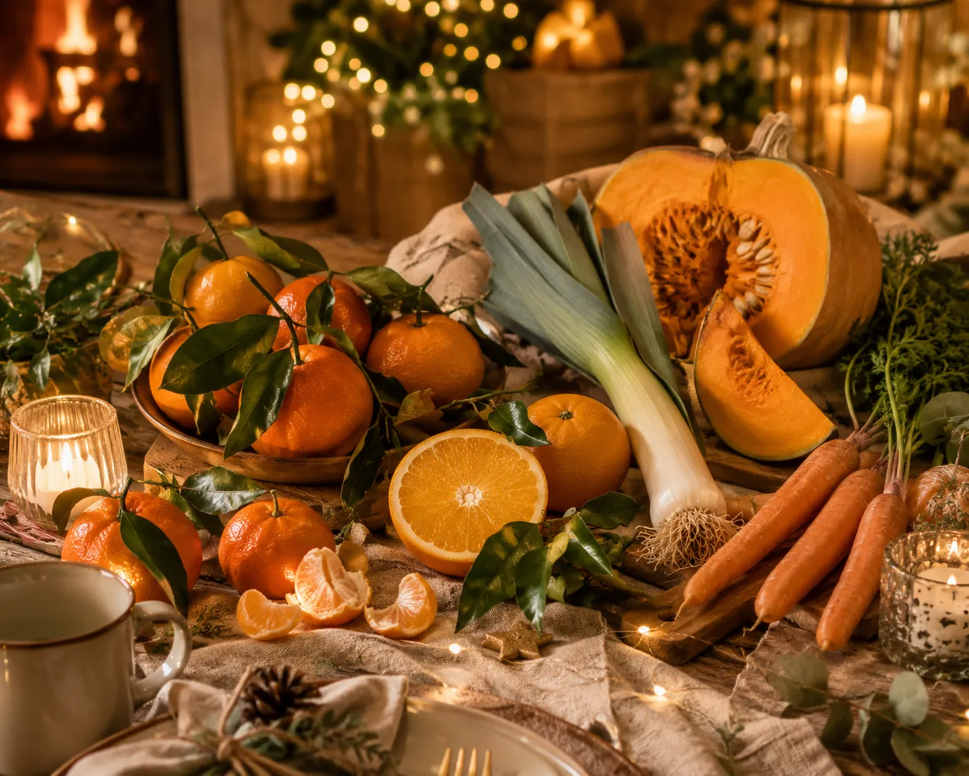 Table d'hiver chaleureuse aux airs de fêtes : clémentines avec leurs feuilles, orange coupée, poireau, courge et carottes, éclairés par des bougies près d'une cheminée