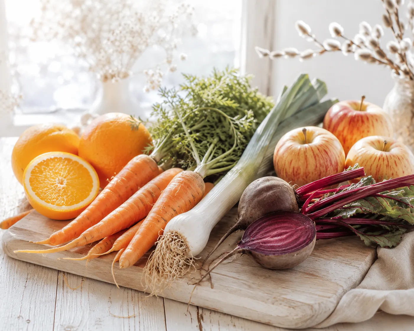 Planche de fin d'hiver garnie de carottes, d'un poireau, d'une betterave, d'oranges et de pommes dans une lumière douce
