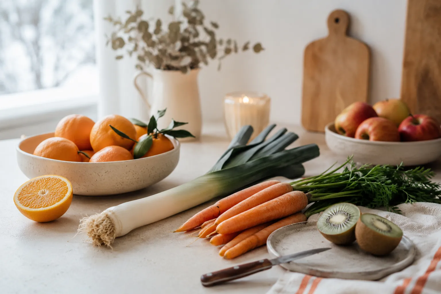 Cuisine d'hiver lumineuse avec des oranges et clémentines dans un bol, un poireau, des carottes, un kiwi coupé et des pommes posés sur un plan de travail clair