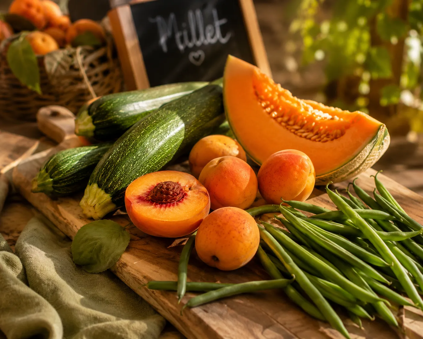 Planche en bois garnie de légumes et fruits de saison de juillet : courgettes, melon, abricots, pêche coupée et haricots verts, dans une lumière chaude d'été