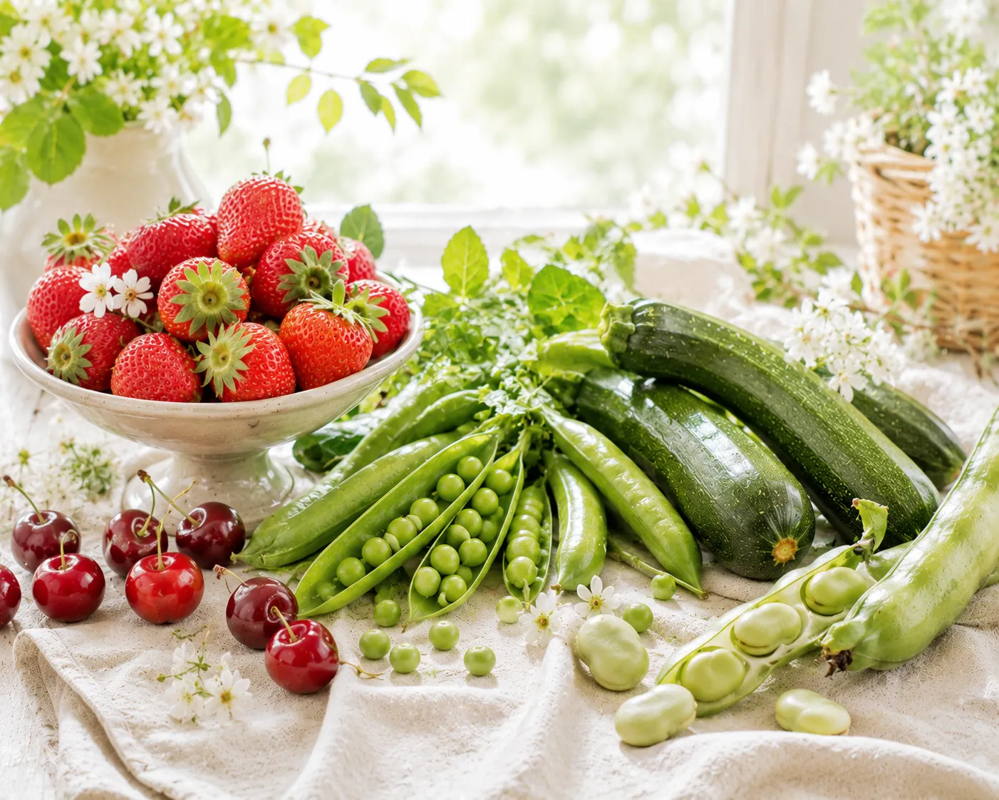 Table de plein printemps garnie de fraises, de premières courgettes, de petits pois en cosse, de cerises et de fèves
