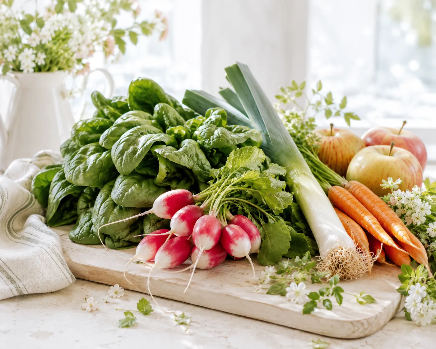 Planche de début de printemps garnie d'épinards frais, de radis, d'un poireau, de carottes et de pommes dans une lumière claire