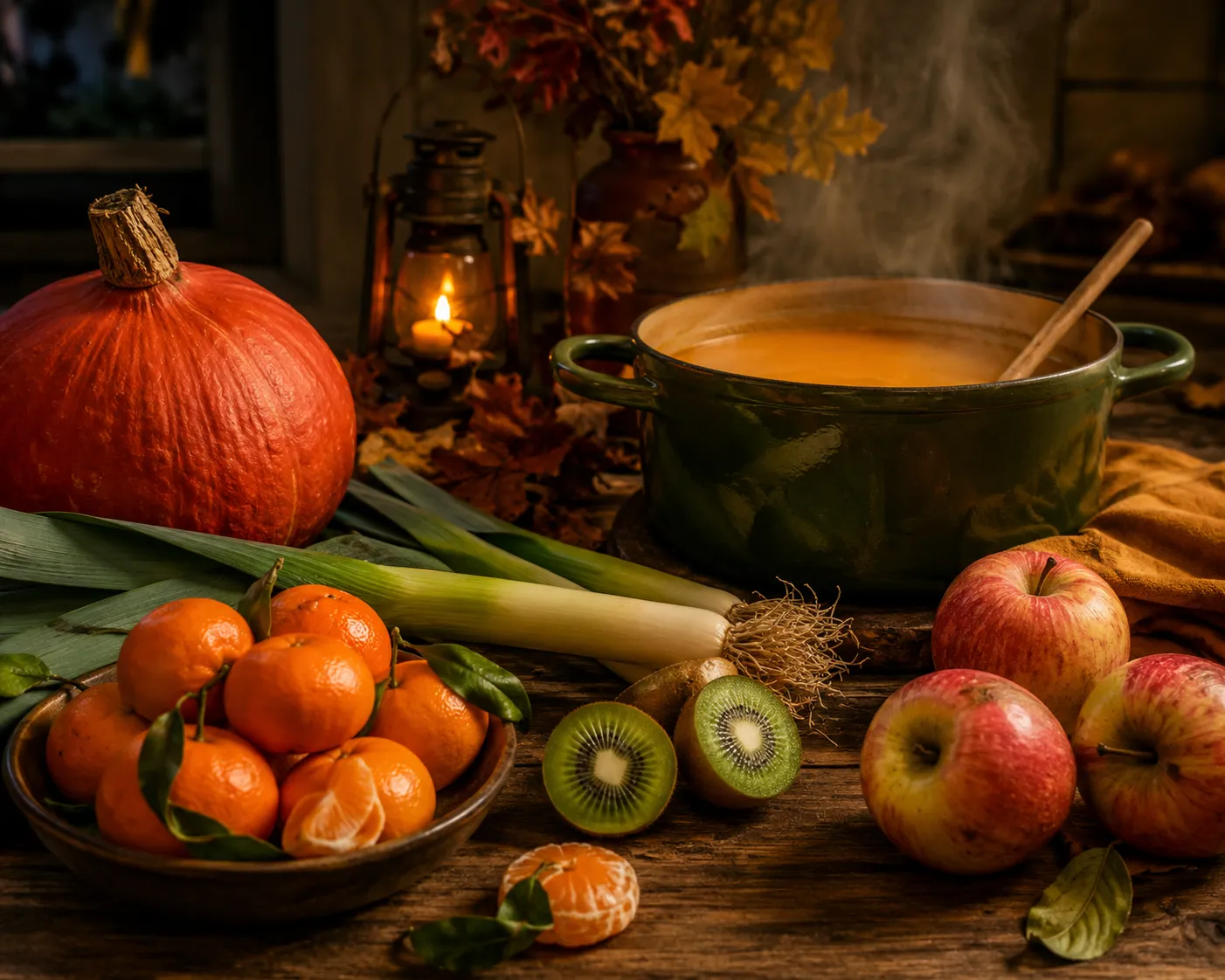 Scène d'automne chaleureuse : un potimarron, un poireau, des clémentines, un kiwi coupé et des pommes près d'une cocotte de soupe fumante, dans une lumière tamisée