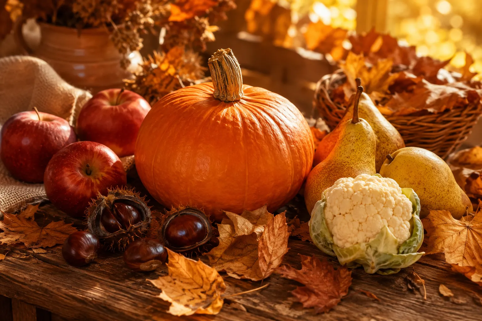 Composition d'automne sur une table en bois : un gros potiron orange, des pommes rouges, des poires, un chou-fleur et des châtaignes, entourés de feuilles mortes dans une lumière dorée