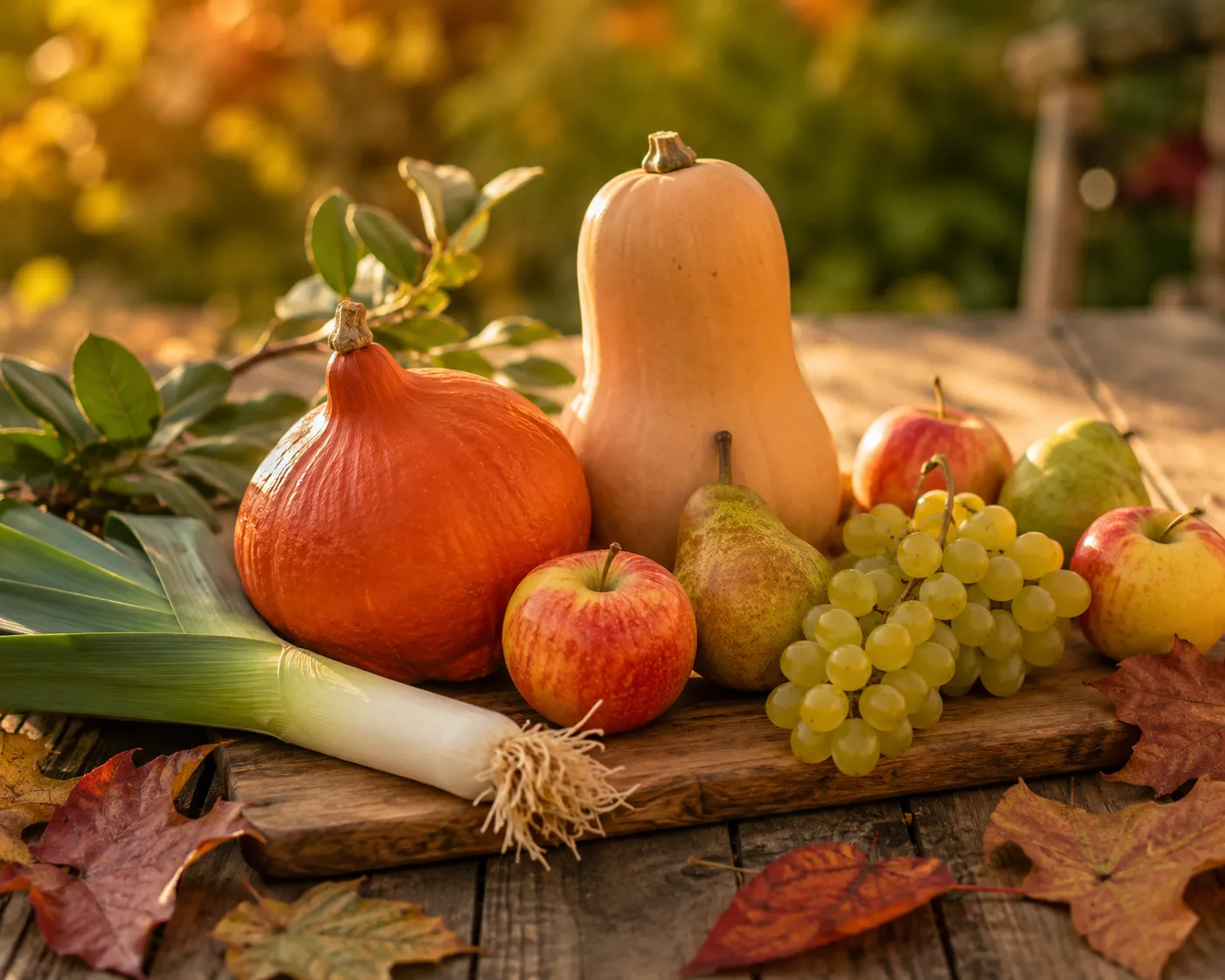 Planche en bois garnie de fruits et légumes de saison de septembre : potimarron, courge butternut, pommes, poires, raisin blanc et poireau, dans une lumière dorée d'automne