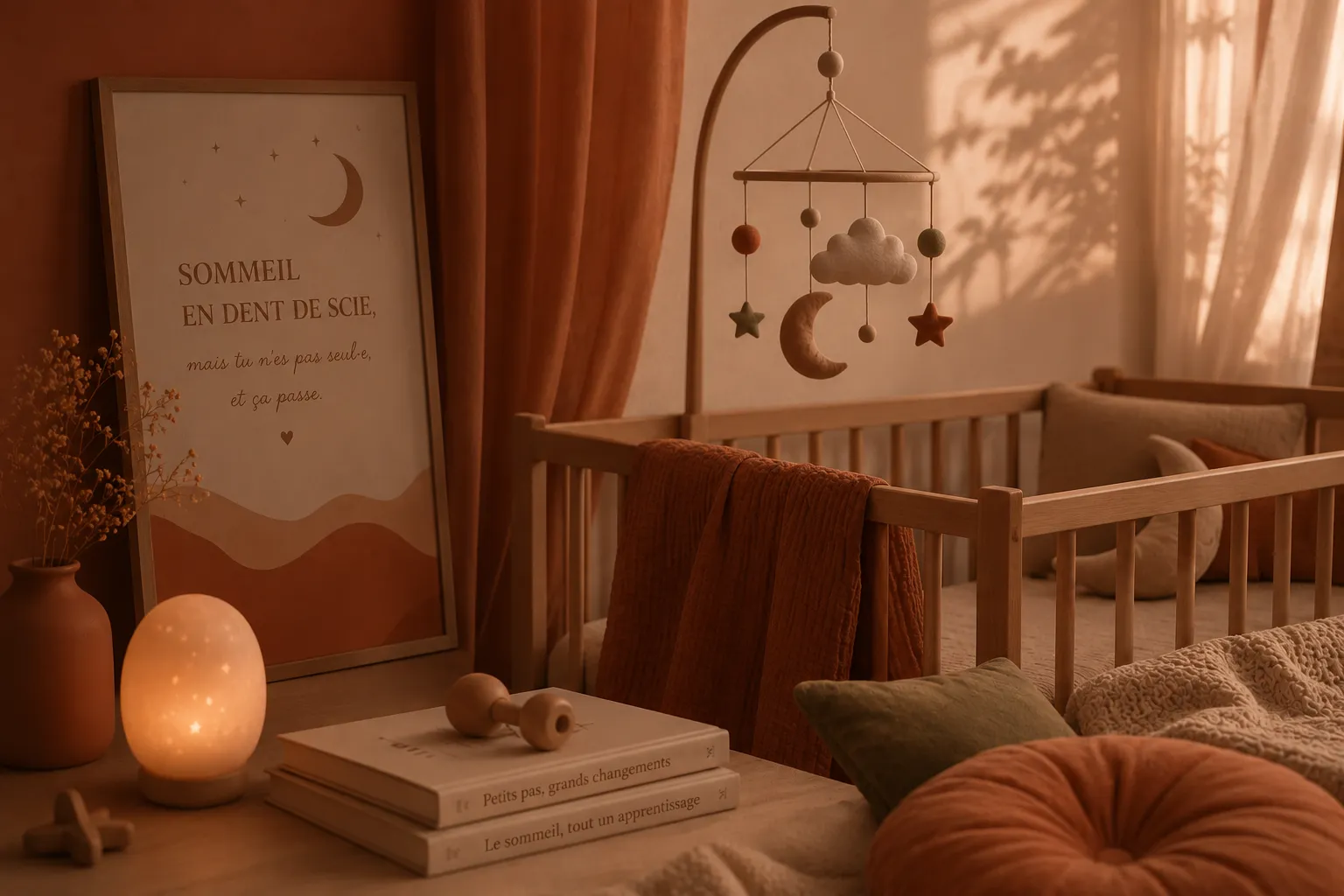 Chambre de bébé aux tons terracotta avec un lit à barreaux, une veilleuse allumée et une affiche « Sommeil en dent de scie », ambiance nocturne douce