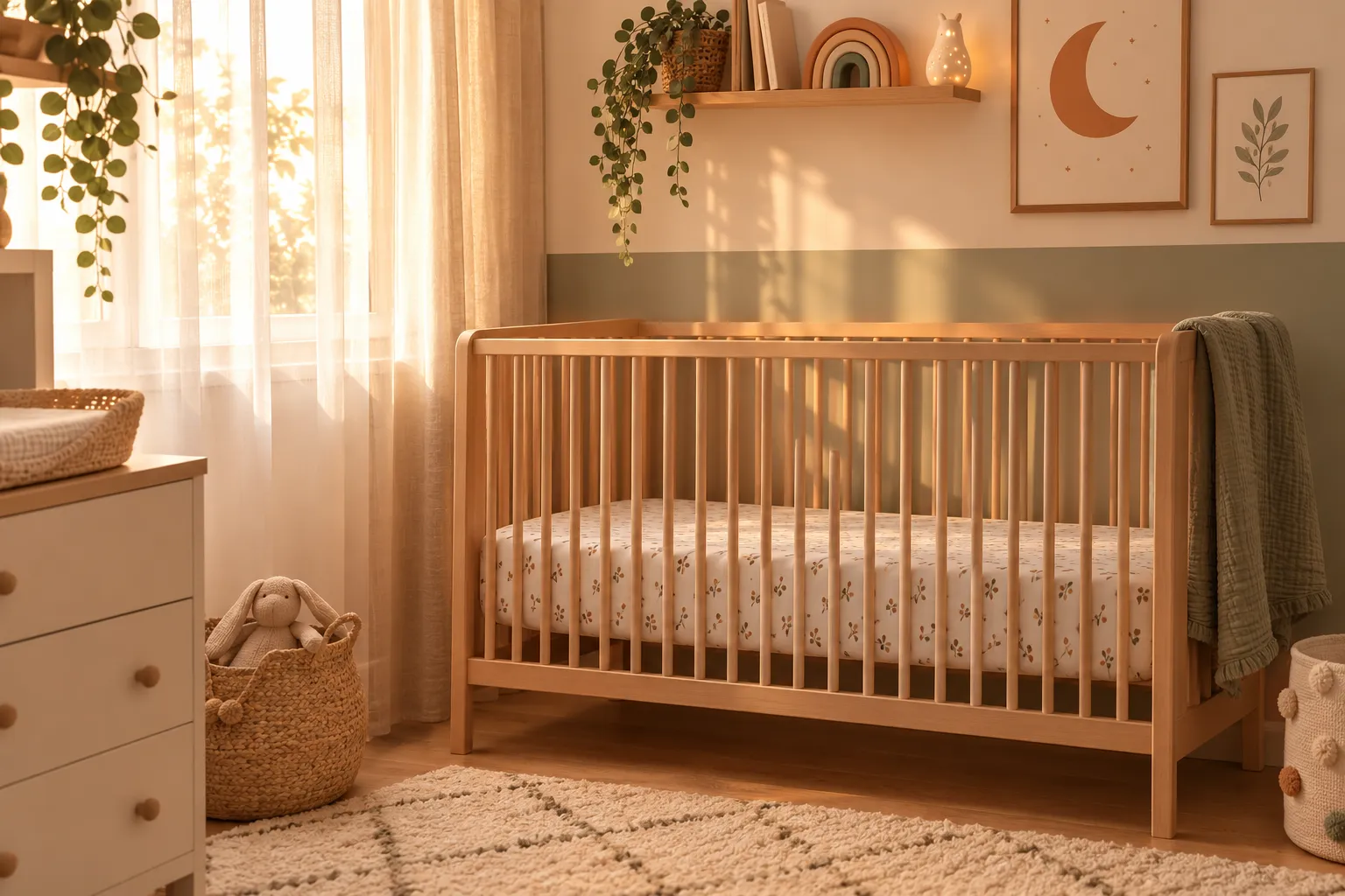 Chambre de bébé douce et lumineuse avec un lit à barreaux en bois, un lange vert sauge posé sur le rebord et un rideau voilé laissant passer la lumière du soir