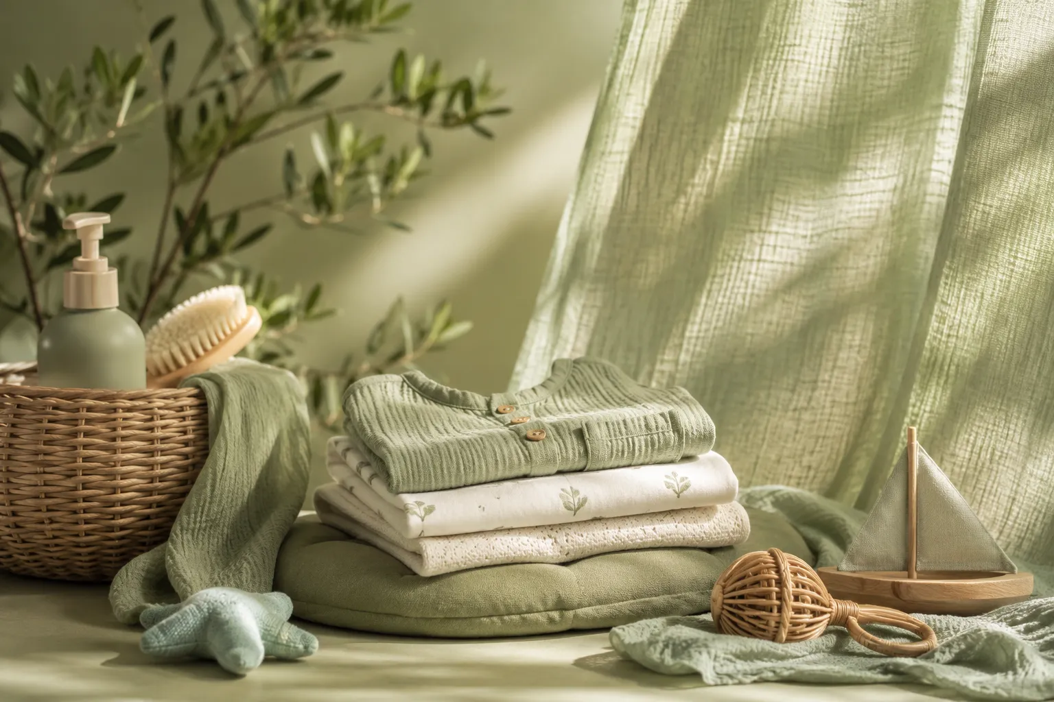 Vêtements de bébé en mousseline de coton pliés, dans des tons vert sauge doux, avec un panier et une branche d'olivier
