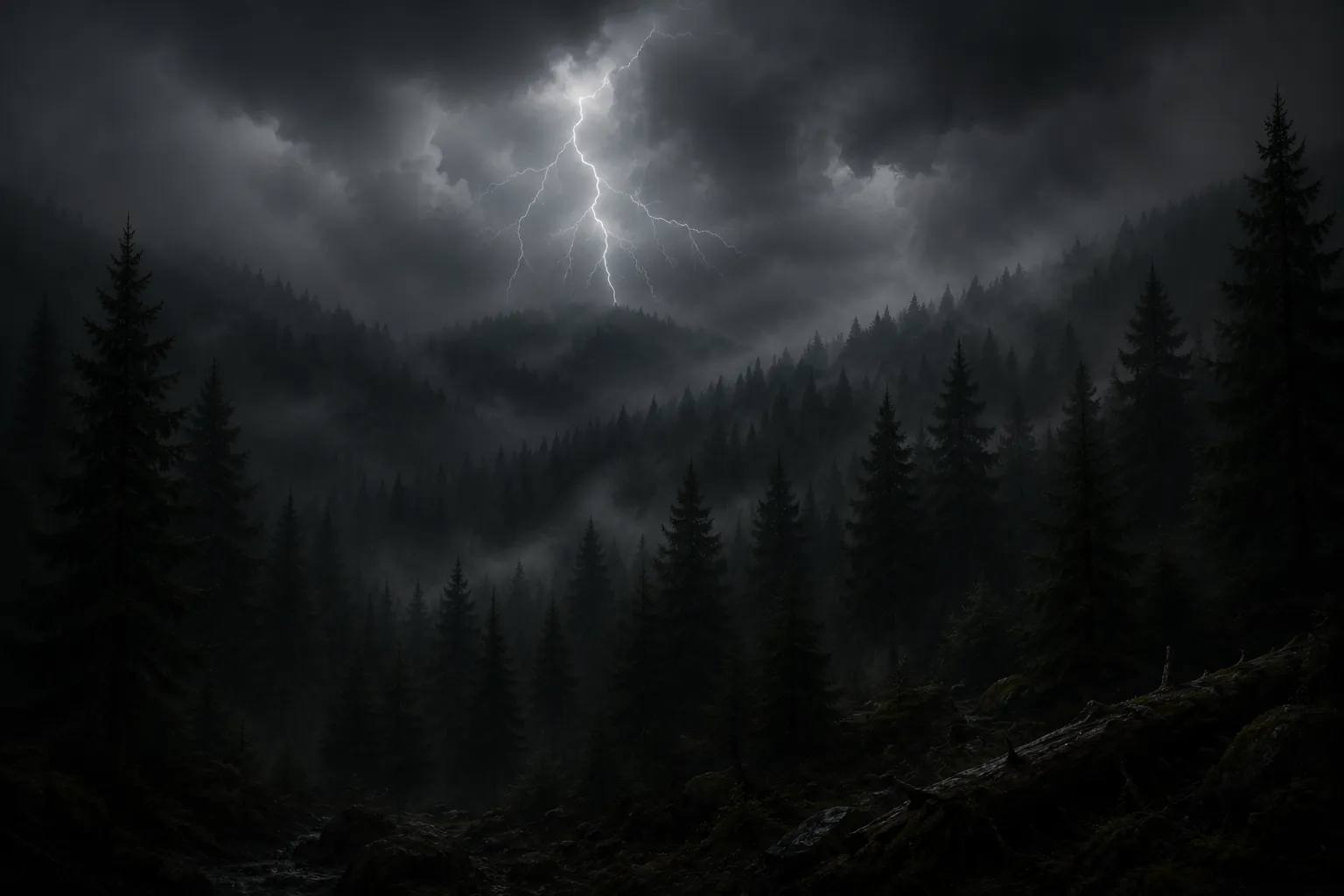 Forêt de sapins sous un ciel d'orage sombre, éclair au loin, vallée brumeuse, ambiance lourde