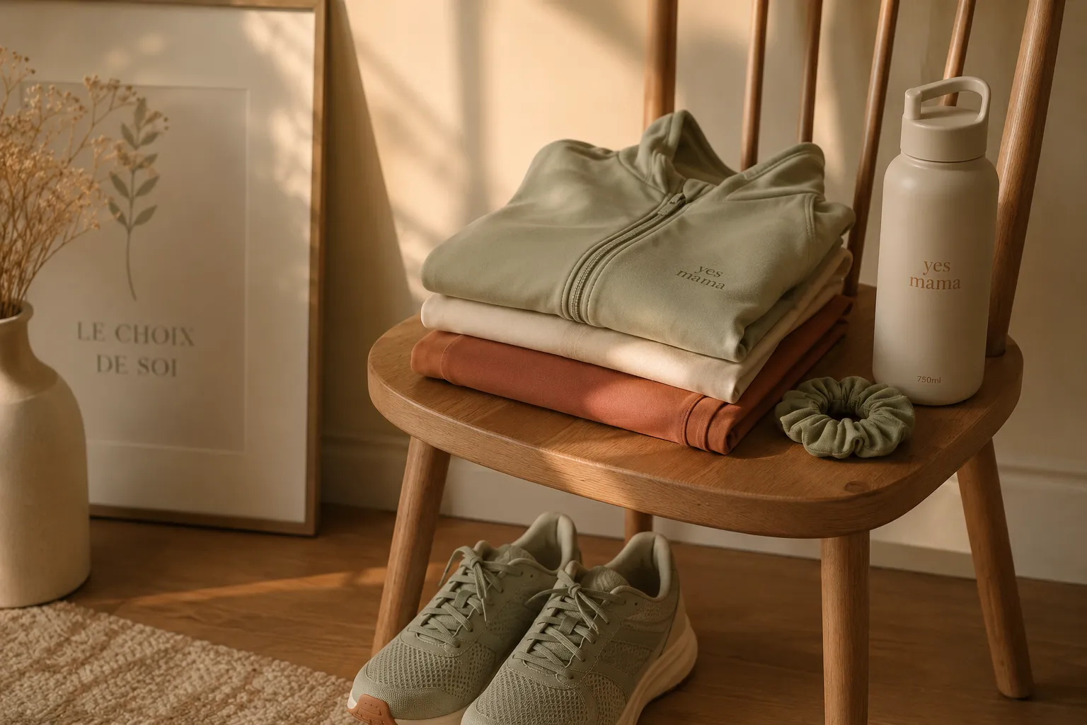Tenue de running pliée sur une chaise en bois avec les baskets posées en dessous, prête pour le lendemain