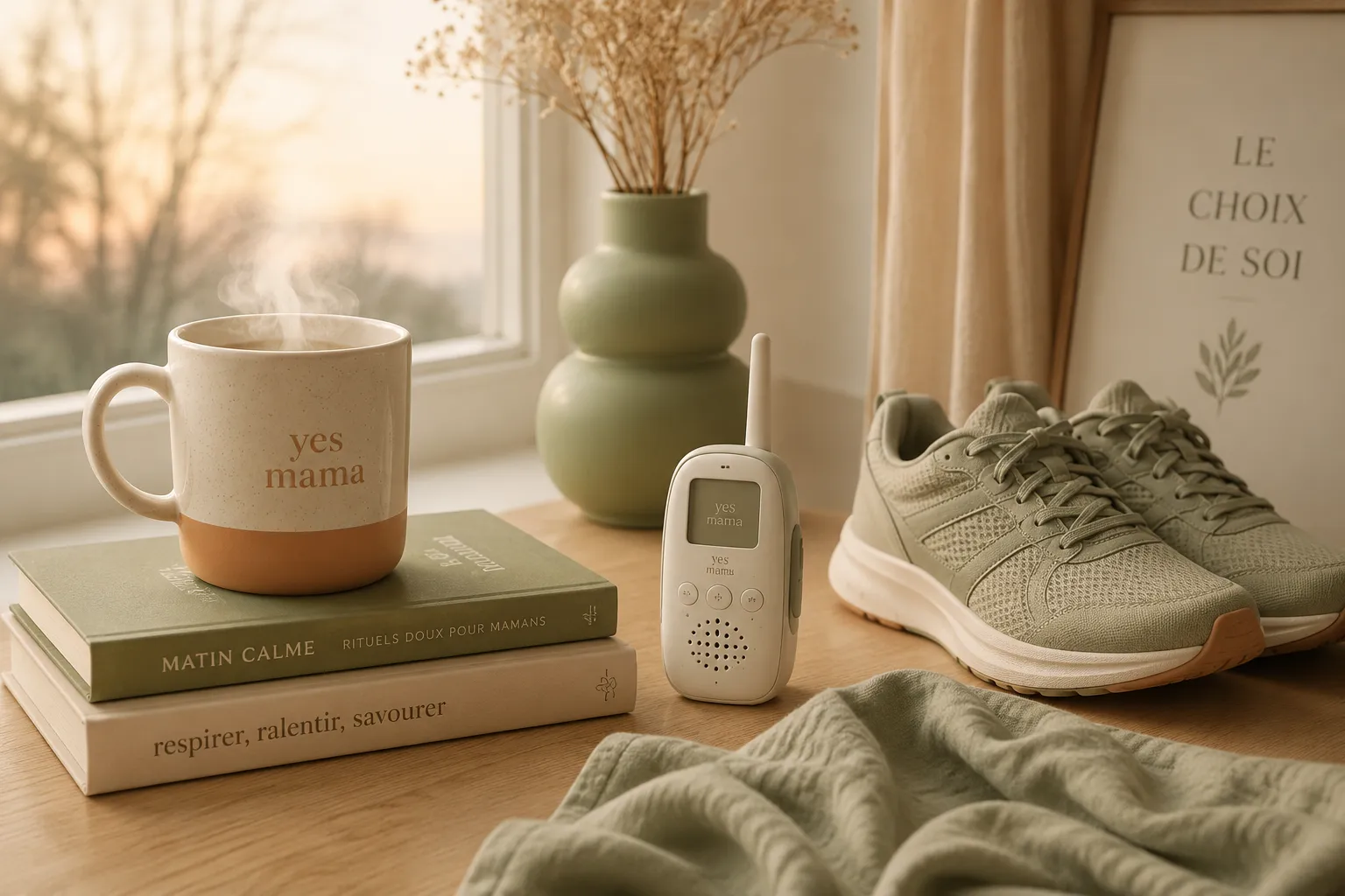 Tasse Yes Mama fumante posée sur des livres, à côté d'un babyphone et de baskets de running, près d'une fenêtre à l'aube