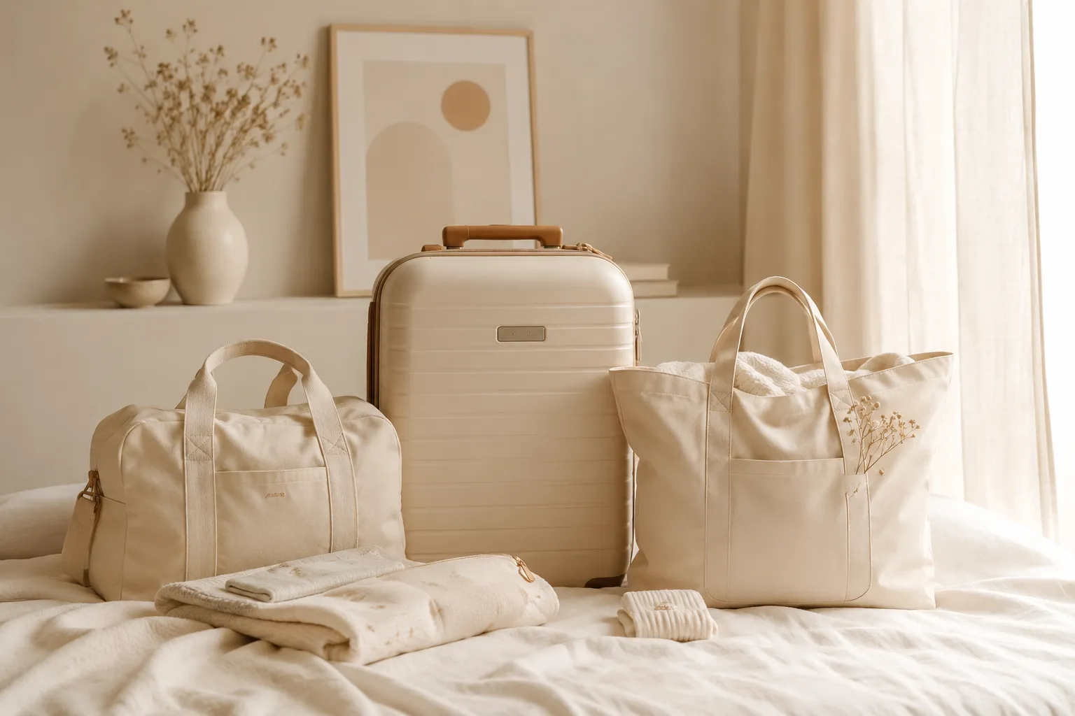 Une valise, un sac de week-end et un grand cabas en tons crème posés sur un lit, prêts pour le départ à la maternité