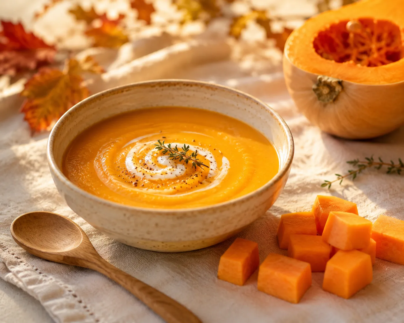 Bol de velouté de butternut orange et onctueux, avec une cuillère en bois et quelques cubes de courge butternut posés à côté, sur une nappe claire aux tons d'automne
