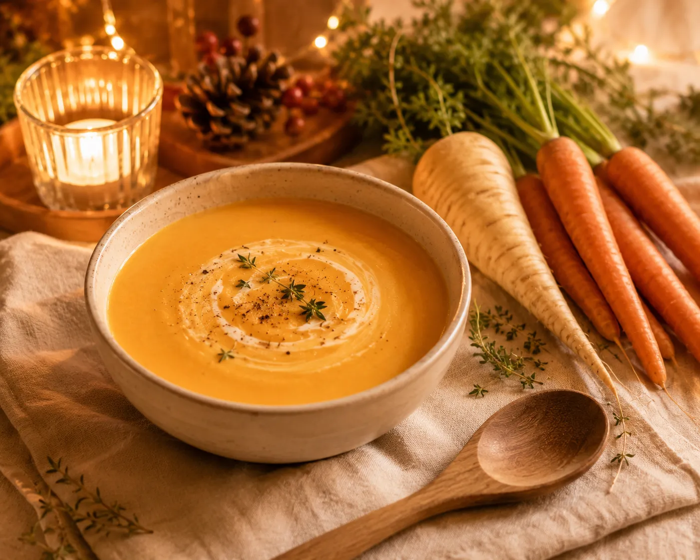 Bol de velouté carotte-panais orange et onctueux, à côté de carottes et d'un panais, avec une cuillère en bois sur une nappe claire éclairée à la bougie