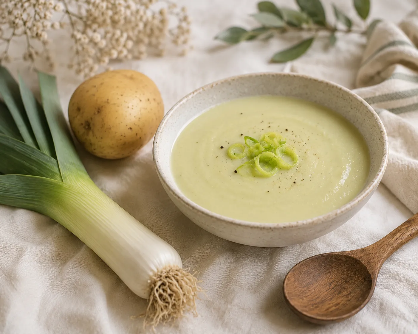 Bol de velouté de poireau et pomme de terre, vert très pâle et onctueux, à côté d'un blanc de poireau et d'une pomme de terre, avec une cuillère en bois sur une nappe claire