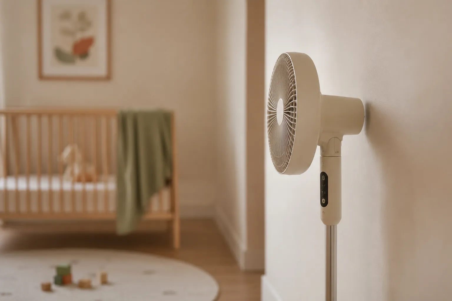 Ventilateur de chambre orienté vers le mur, à bonne distance du lit à barreaux de bébé, illustrant le bon placement