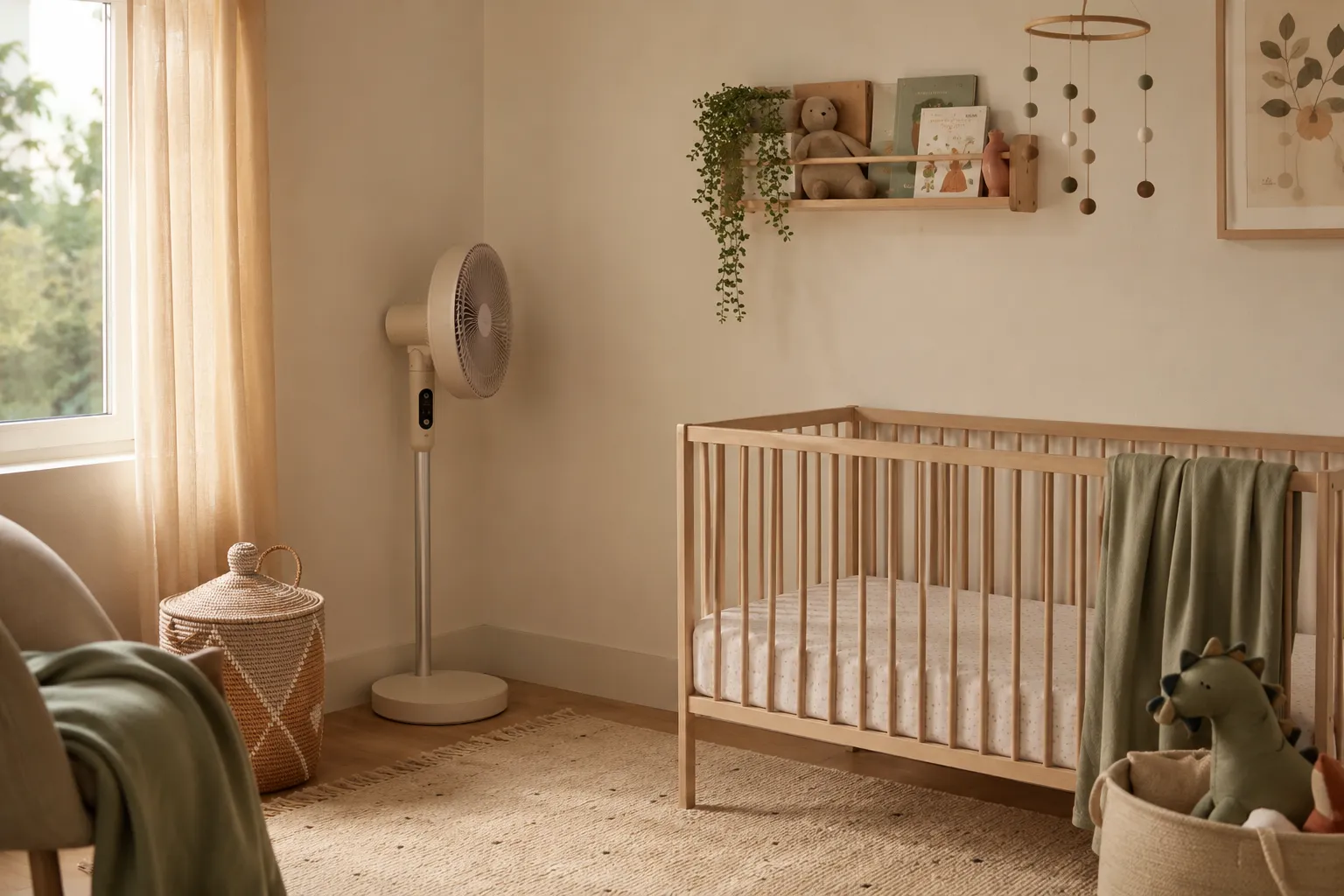 Ventilateur sur pied posé dans un coin d'une chambre de bébé, à distance du lit à barreaux, dans des tons crème et vert sauge