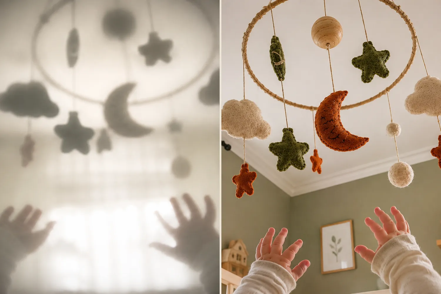 Comparaison de deux images d'un même mobile suspendu au-dessus d'un berceau : l'une très floue en noir et blanc comme à la naissance, l'autre nette et en couleurs comme à 1 an