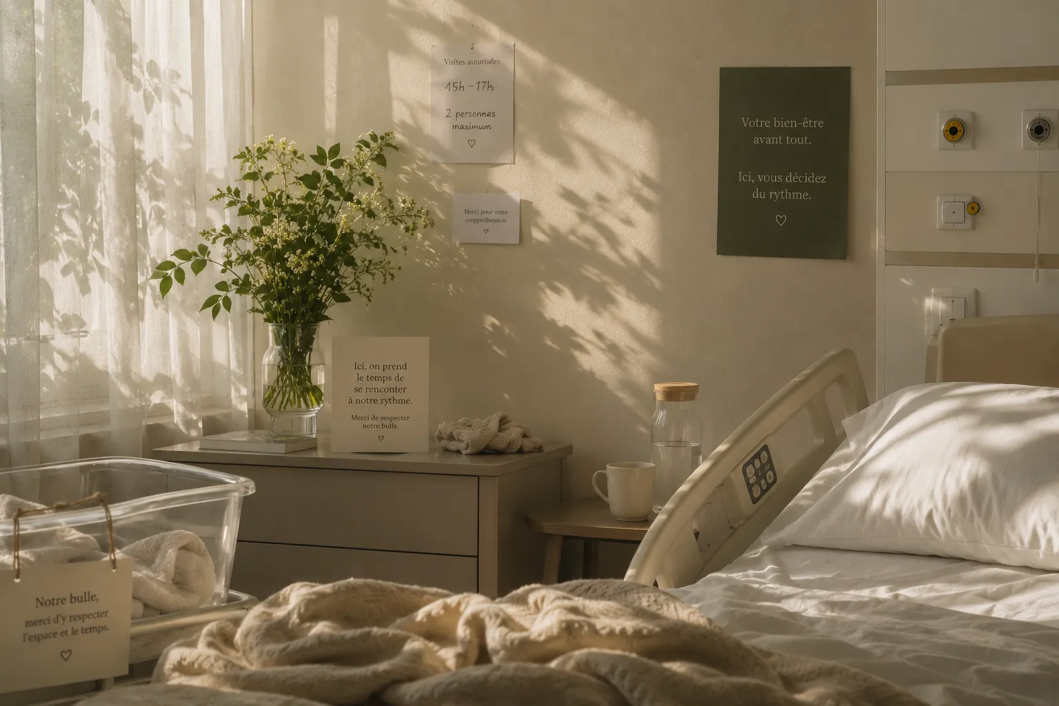 Chambre de maternité baignée de lumière douce, avec un berceau, un bouquet de fleurs et un lit aux draps clairs
